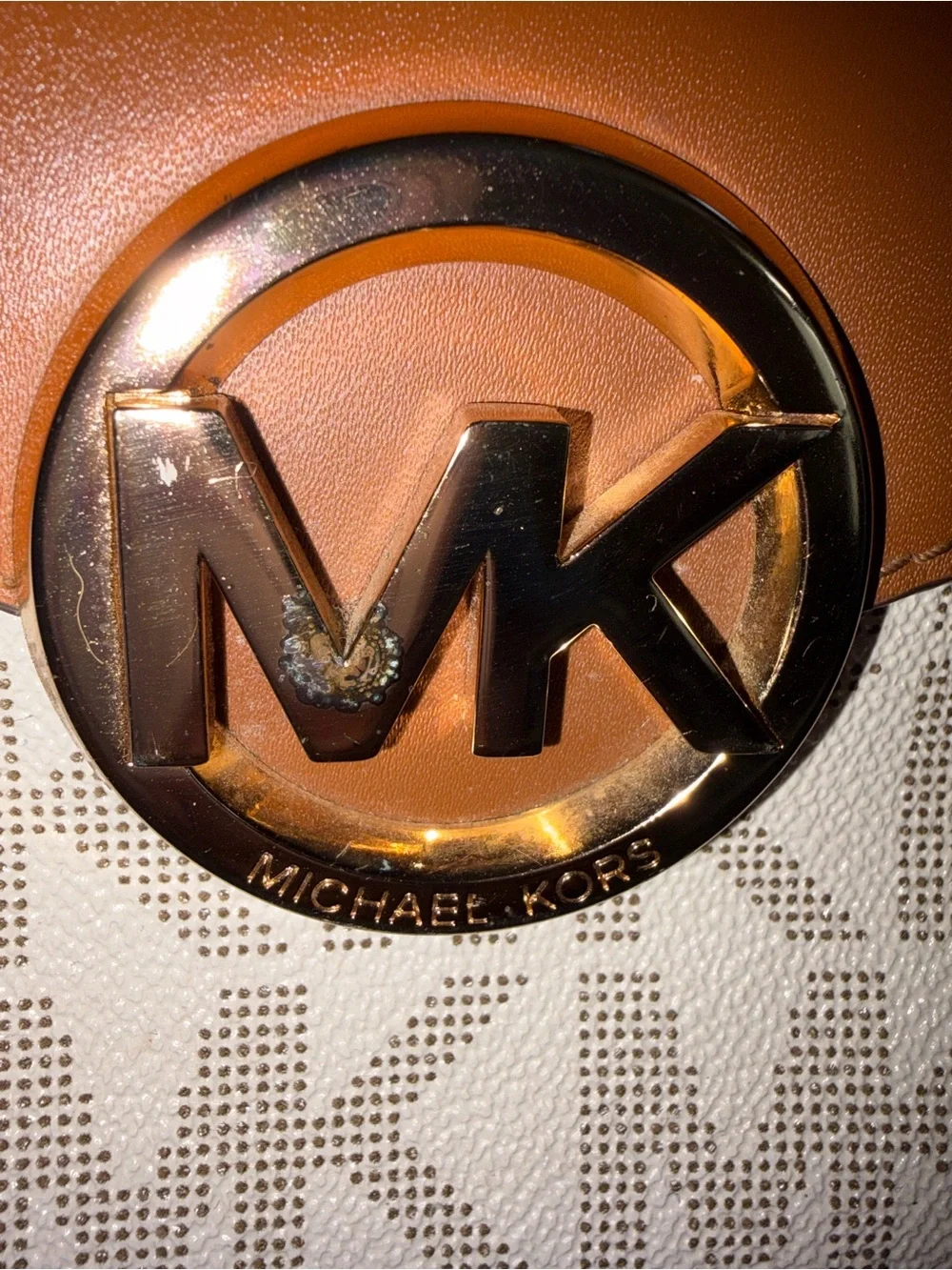 Michael Kors Hudson Satchel & Crossbody in Cream Logo with Brown Leather Trim